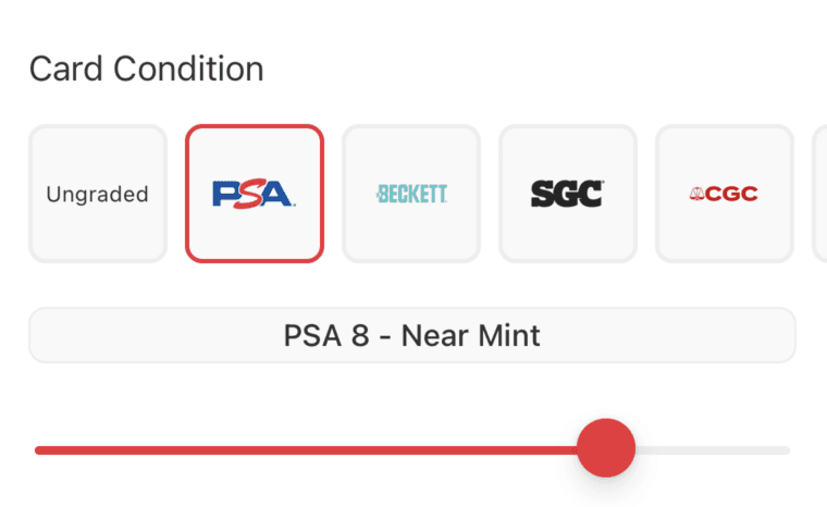 Card condition selection interface showing grading options