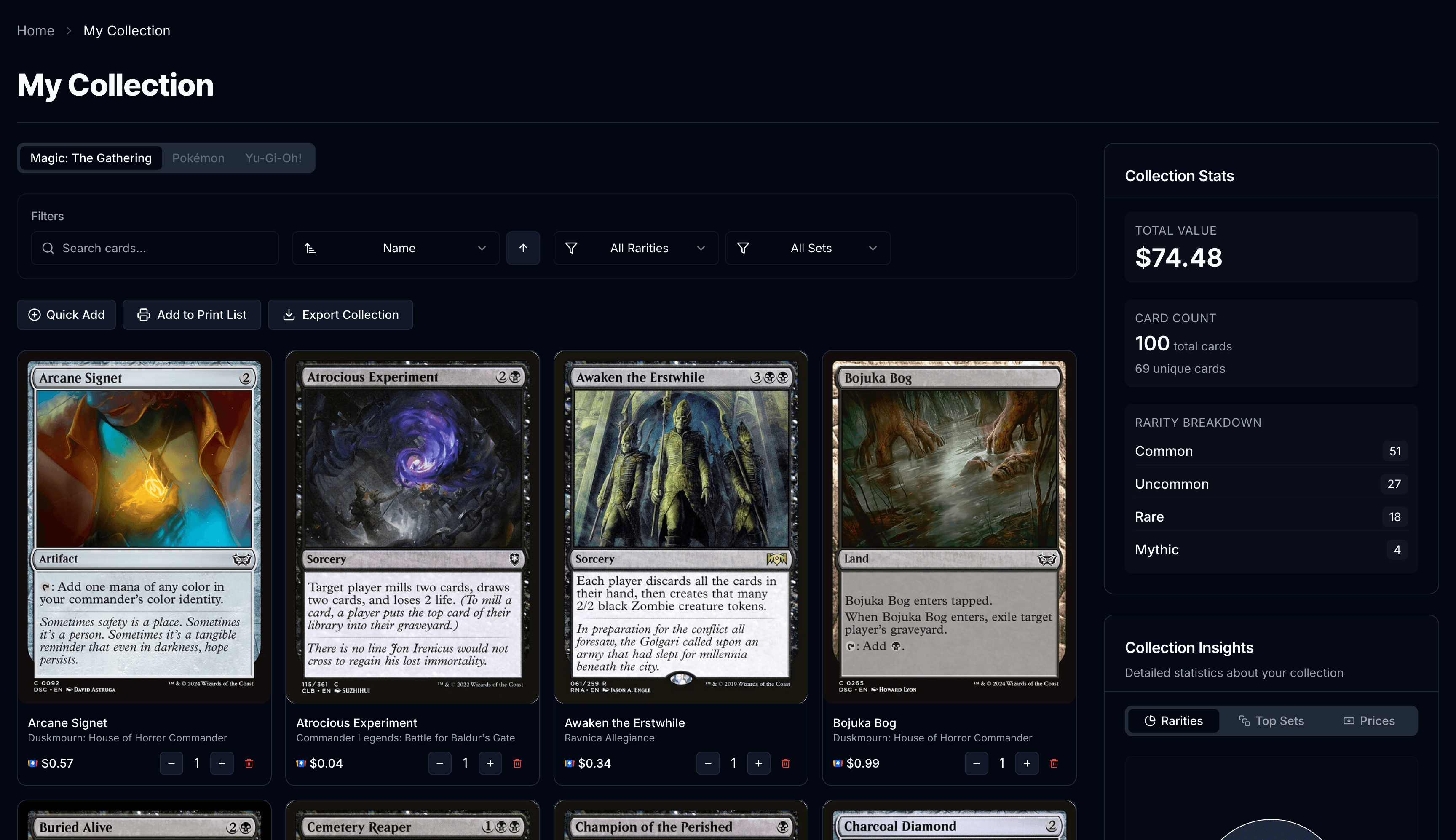 Collection management interface showing card organization and tracking