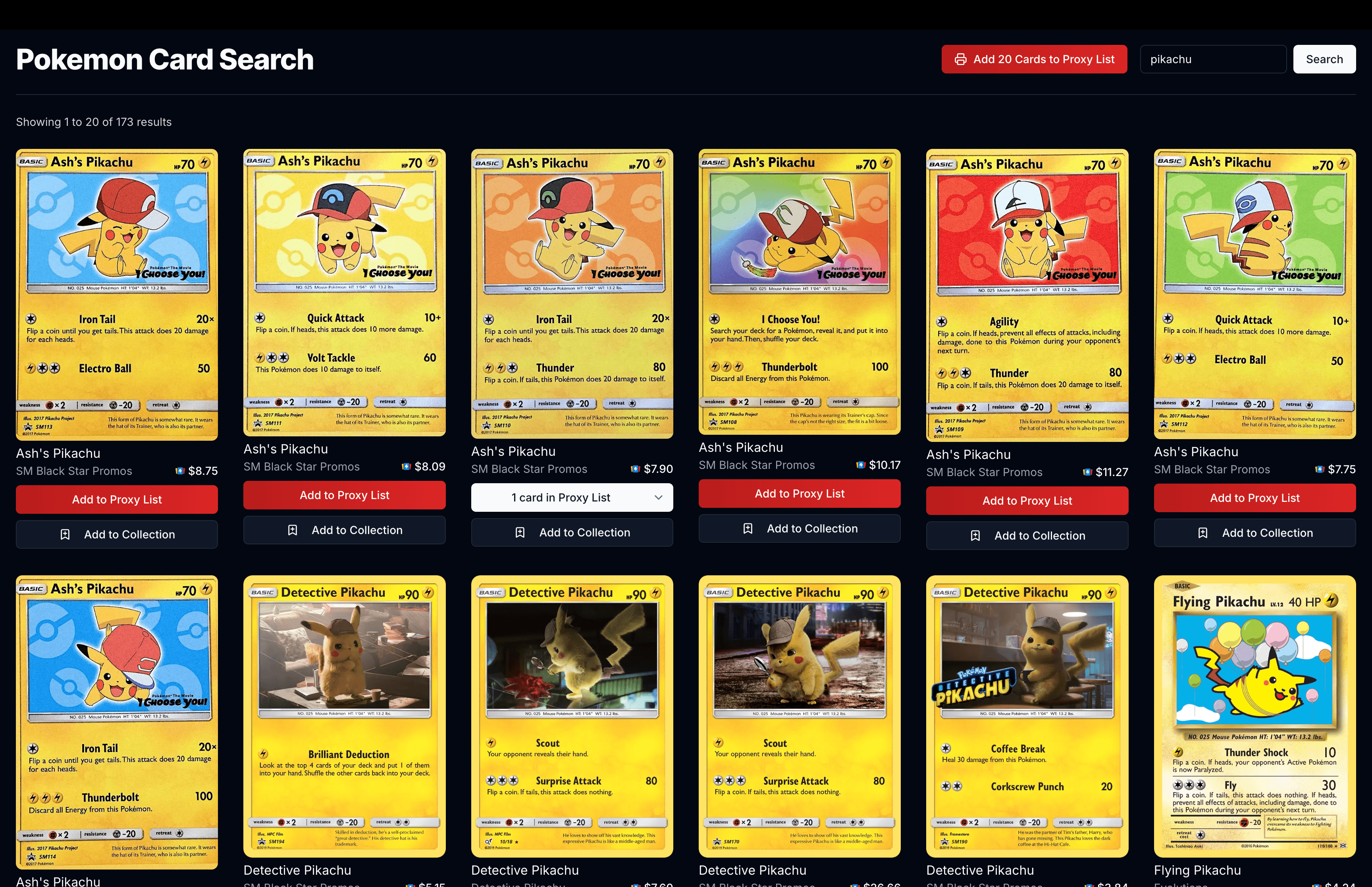 Pokemon card search interface with filtering options